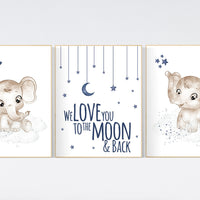 Navy nursery decor, moon and stars, navy blue nursery art. baby room wall art, boy nursery decor, set of 3, nursery prints boy, elephant art