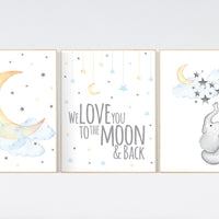 Nursery wall art elephant, neutral nursery, Gender neutral nursery, we love you to the moon and back, Baby wall decor, baby room decor, moon