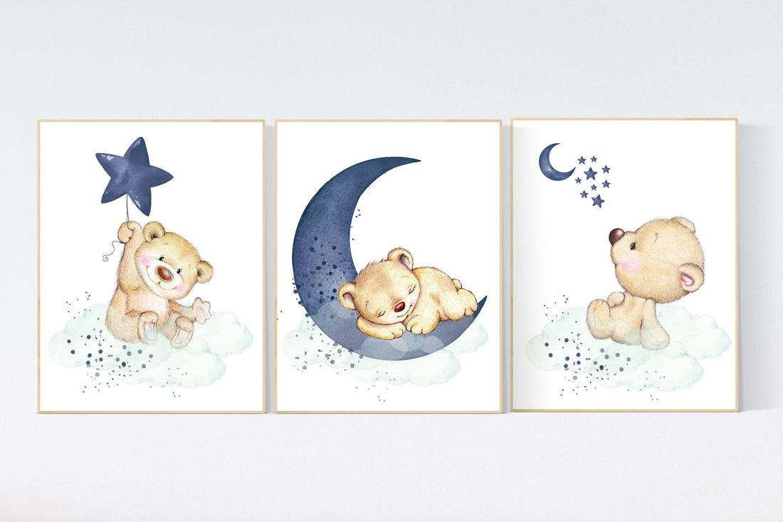 Nursery decor bear, animal nursery prints, navy mint nursery, navy blue nursery, baby room wall art, woodland animal prints, teddy bear