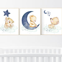 Nursery decor bear, animal nursery prints, navy mint nursery, navy blue nursery, baby room wall art, woodland animal prints, teddy bear