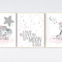 Animal nursery, nursery decor girl pink silver, nursery decor girl woodland animals, teddy bear, elephant, giraffe, baby girl nursery prints
