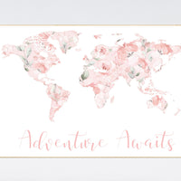 Floral World Map, Girl Nursery Decor, Travel Nursery Art, floral Nursery Print, blush nursery, Nursery baby girl room, Adventure Awaits