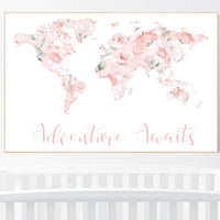 Floral World Map, Girl Nursery Decor, Travel Nursery Art, floral Nursery Print, blush nursery, Nursery baby girl room, Adventure Awaits