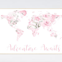 Floral World Map, Girl Nursery Decor, Travel Nursery Art, floral Nursery Print, pink nursery, Nursery baby girl room, Adventure Awaits
