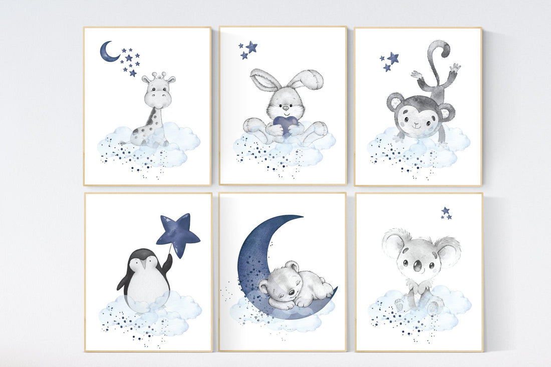 Nursery decor boy animals, nursery wall art boy, navy blue, animal prints for nursery, navy blue nursery wall decor, set of 6 prints