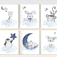 Nursery decor boy animals, nursery wall art boy, navy blue, animal prints for nursery, navy blue nursery wall decor, set of 6 prints