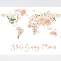 Nursery decor girl, Floral World Map, Girl Nursery Decor, Travel Nursery Art, blush nursery, Nursery baby girl room, she's going places