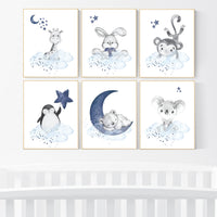 Nursery decor boy animals, nursery wall art boy, navy blue, animal prints for nursery, navy blue nursery wall decor, set of 6 prints