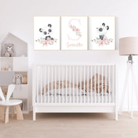 Nursery decor girl, panda nursery, blush pink and gray nursery wall art, floral nursery, nursery decor animal, girl nursery wall decor
