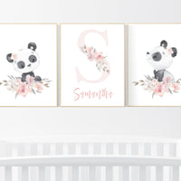 Nursery decor girl, panda nursery, blush pink and gray nursery wall art, floral nursery, nursery decor animal, girl nursery wall decor