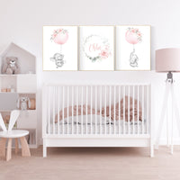 Nursery wall art girl, Blush pink nursery decor, floral nursery, nursery decor elephant, peach nursery, blush nursery, flower nursery
