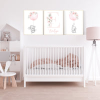 Nursery decor girl flowers, nursery wall art girl, elephant nursery wall decor, blush pink, floral nursery, name nursery print, girl nursery