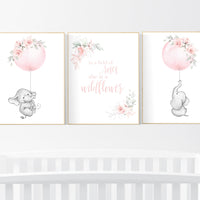In a field of roses she is a wildflower, Nursery decor girl blush, nursery decor girl floral, elephant nursery, girls nursery decor, prints