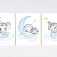 Nursery decor boy elephant, blue and gold nursery, blue nursery wall art, elephant nursery, baby room wall decor, boys room decor