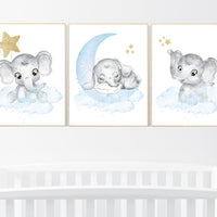 Nursery decor boy elephant, blue and gold nursery, blue nursery wall art, elephant nursery, baby room wall decor, boys room decor