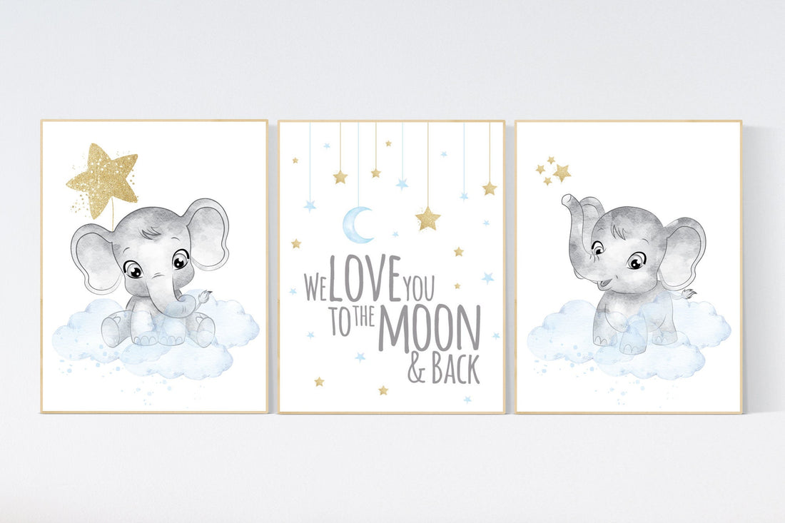 Nursery decor boy elephant, blue and gold nursery, we love you to the moon and back, blue nursery wall art, cloud and stars, baby room decor