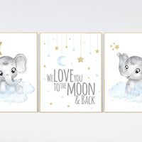 Nursery decor boy elephant, blue and gold nursery, we love you to the moon and back, blue nursery wall art, cloud and stars, baby room decor