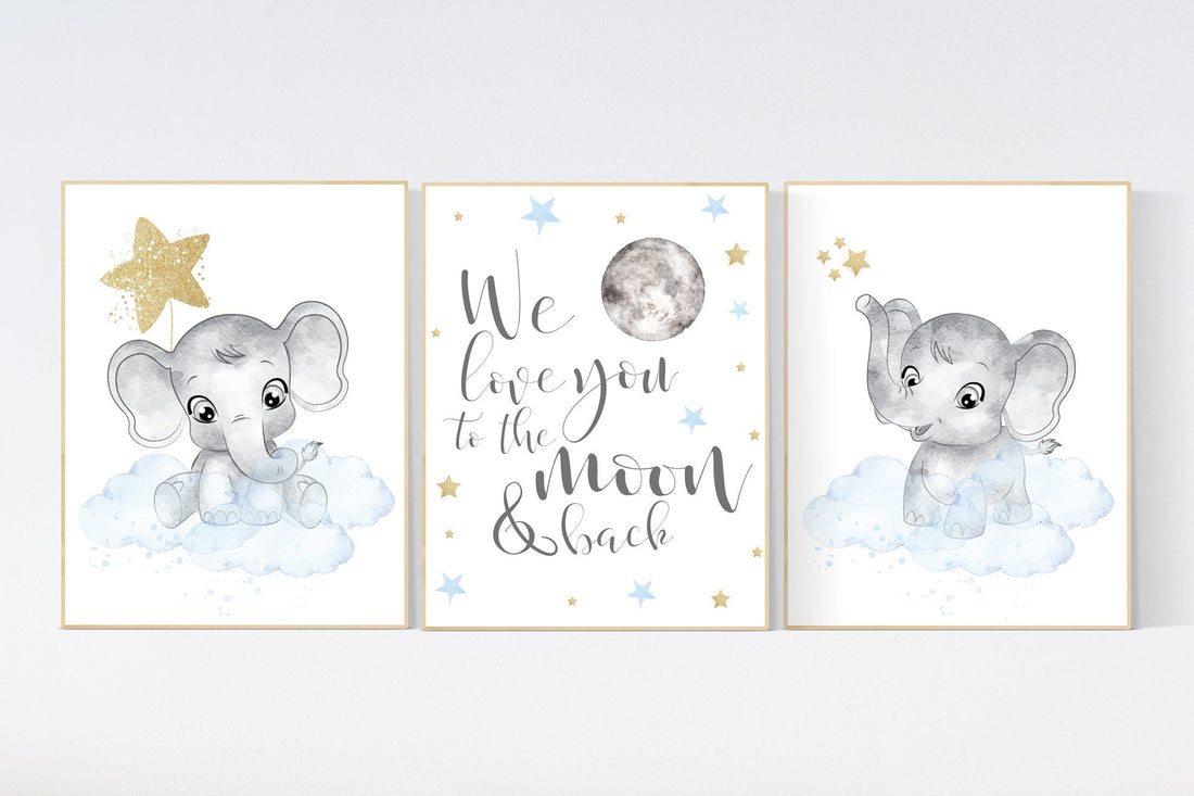 Nursery decor boy elephant, blue and gold nursery, blue nursery wall art, cloud and stars, baby room decor, we love you to the moon and back