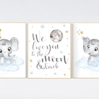 Nursery decor boy elephant, blue and gold nursery, blue nursery wall art, cloud and stars, baby room decor, we love you to the moon and back
