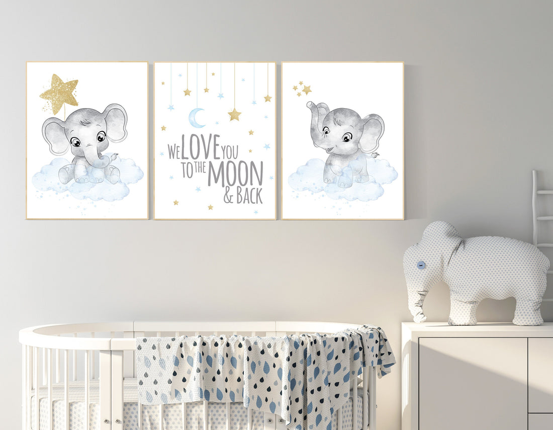 Nursery decor boy elephant, blue and gold nursery, we love you to the moon and back, blue nursery wall art, cloud and stars, baby room decor