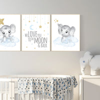 Nursery decor boy elephant, blue and gold nursery, we love you to the moon and back, blue nursery wall art, cloud and stars, baby room decor