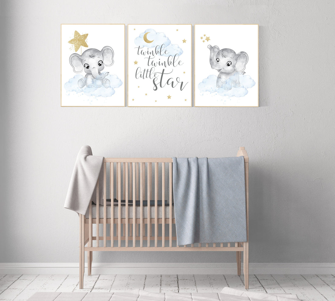 Nursery decor boy elephant, blue and gold nursery, twinkle twinkle little star, blue nursery wall art, cloud and stars, baby room decor