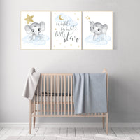 Nursery decor boy elephant, blue and gold nursery, twinkle twinkle little star, blue nursery wall art, cloud and stars, baby room decor