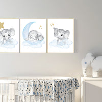 Nursery decor boy elephant, blue and gold nursery, blue nursery wall art, elephant nursery, baby room wall decor, boys room decor