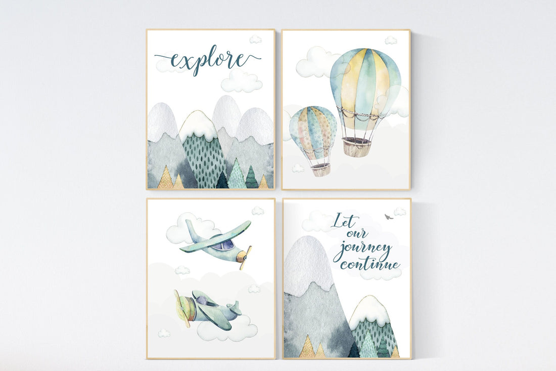 nursery decor boy airplanes, adventure nursery, travel theme nursery, woodland, gender neutral, explore, hot air balloon, plane, neutral