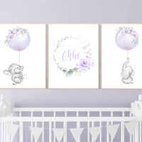 Purple nursery, nursery decor girl boho, nursery wall art elephant, nursery wall art girl, nursery prints girl floral, lilac, lavender