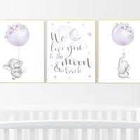 Nursery wall art elephant, Nursery prints girl, purple nursery, lavender, lilac nursery, moon and stars, girl baby room art, nursery set