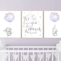 Nursery wall art elephant, Nursery prints girl, purple nursery, lavender, lilac nursery, moon and stars, girl baby room art, nursery set