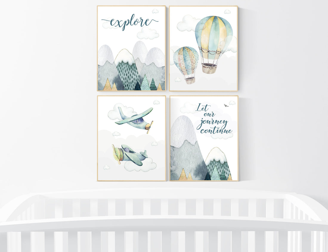 nursery decor boy airplanes, adventure nursery, travel theme nursery, woodland, gender neutral, explore, hot air balloon, plane, neutral