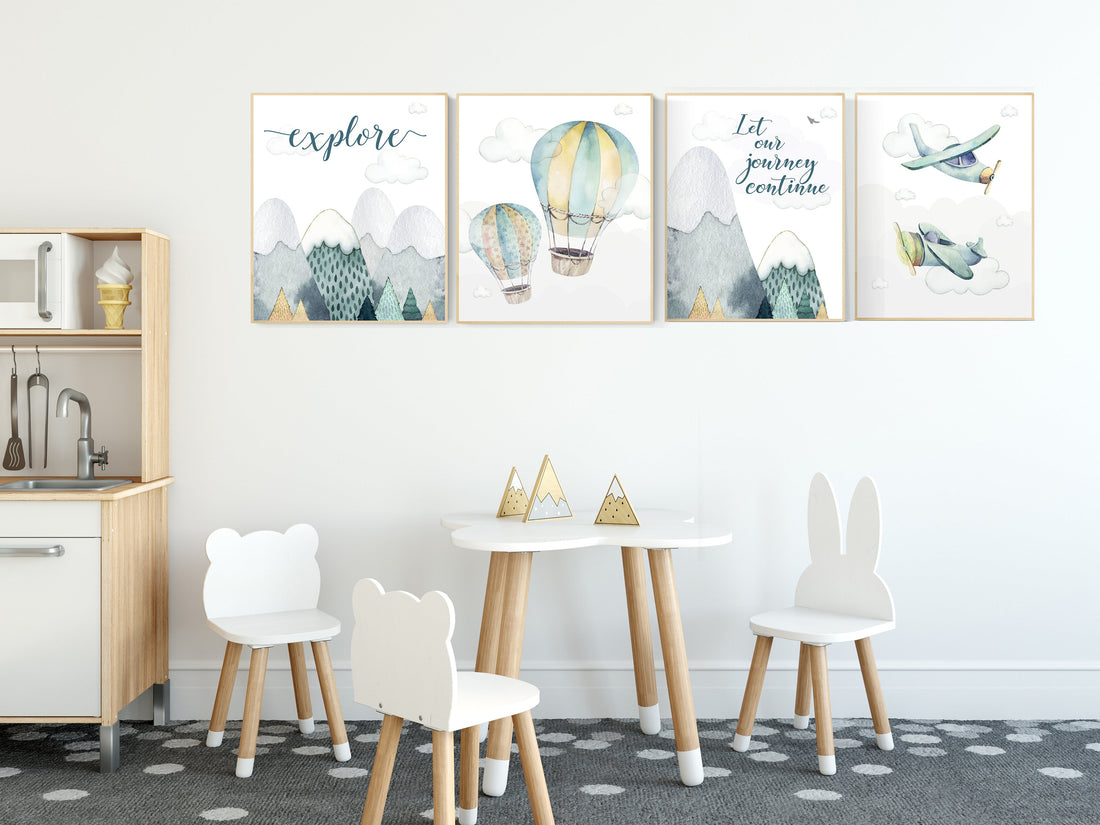 nursery decor boy airplanes, adventure nursery, travel theme nursery, woodland, gender neutral, explore, hot air balloon, plane, neutral