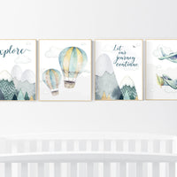 nursery decor boy airplanes, adventure nursery, travel theme nursery, woodland, gender neutral, explore, hot air balloon, plane, neutral