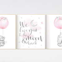 Nursery wall art girl elephant, boho nursery, we love you to the moon and back, elephant balloon, floral nursery wall decor, girls room