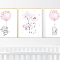 Nursery prints girl, pink and gray, animal nursery prints, nursery wall decor elephant, nursery prints elephant, dream big little one