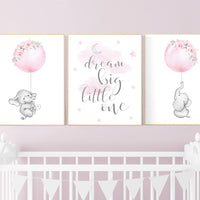 Nursery prints girl, pink and gray, animal nursery prints, nursery wall decor elephant, nursery prints elephant, dream big little one