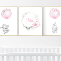 Nursery wall art girl elephant, pink nursery, nursery decor girl pink, floral nursery, nursery prints, baby room decor, girl nursery, floral