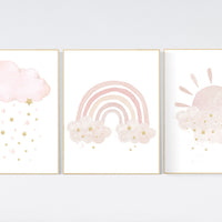 Nursery prints rainbow, blush Nursery decor girl, blush gold nursery wall art, blush pink, moon star, cloud, nursery wall art, sun nursery