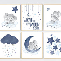 Nursery decor boy elephant, nursery wall art boy, navy and blue, moon and stars, navy blue nursery, boy nursery decor, elephant nursery art