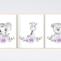 Floral jungle animals, elephant, bear, giraffe, lilac nursery, Nursery wall art girl, flower, girl nursery ideas, purple, nursery wall art