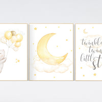 Gender neutral nursery wall art, yellow gray, yellow grey, rabbit nursery, bunny nursery, stars and moon, baby room wall decor, neutral