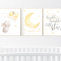 Gender neutral nursery wall art, yellow gray, yellow grey, rabbit nursery, bunny nursery, stars and moon, baby room wall decor, neutral