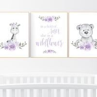 Nursery decor girl lilac, Floral jungle animals, bear, giraffe, Nursery wall art, flower, purple, in a field of roses she is a wildflower