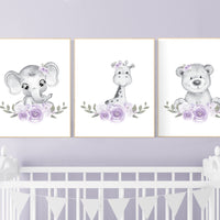 Floral jungle animals, elephant, bear, giraffe, lilac nursery, Nursery wall art girl, flower, girl nursery ideas, purple, nursery wall art