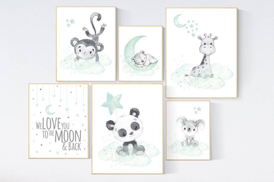 Nursery decor gender neutral, animal prints, mint nursery, mint green nursery, panda, koala, giraffe, bear, monkey, nursery wall decor