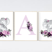 Purple nursery, Boho baby room, nursery wall art elephant, nursery decor girl, nursery decor girl floral, plum nursery decor, purple, Mauve