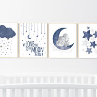 Nursery decor boy elephant, navy nursery decor, we love you to the moon and back, moon and stars, navy blue nursery art, elephant nursery
