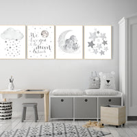 Grey nursery wall art, elephant nursery wall art, moon and stars, gender neutral, gray nursery art, baby room decor, neutral, twin nursery